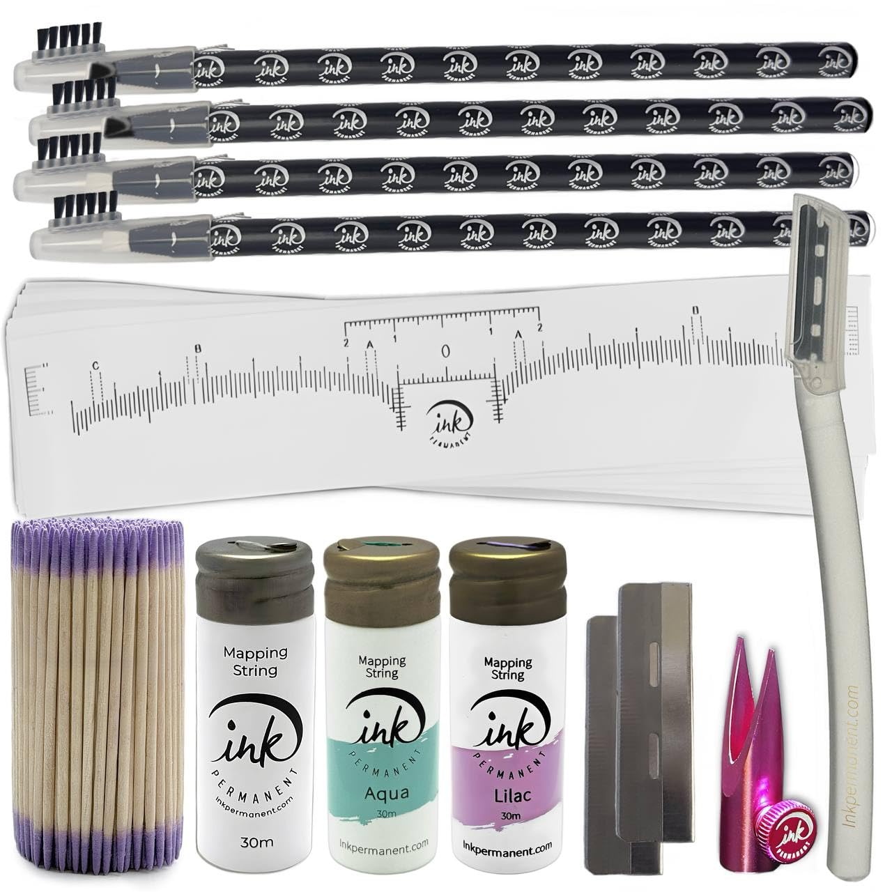 Eyebrow Mapping Kit with White, Lilac, and Aqua Mapping String, [100ft/ 30m],Peel Off Shaping Pencil Set with Eyebrow Pencil Sharpener, Shaper, 10