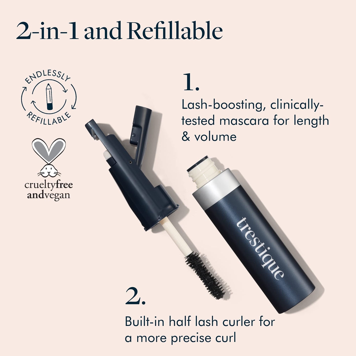 trestique Good Vibes Mascara, Refillable With Built-In Lash Curler, Sustainable Eye Makeup, Clean Beauty Black, Mascara With Curler
