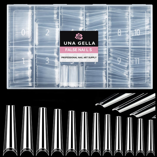 UNA GELLA Extra Long Coffin Nail Tips No C Curve 504PCS XXL Coffin Nails Half Cover Long Coffins Gel Nails Tips Clear Fake False Nails Long Gel