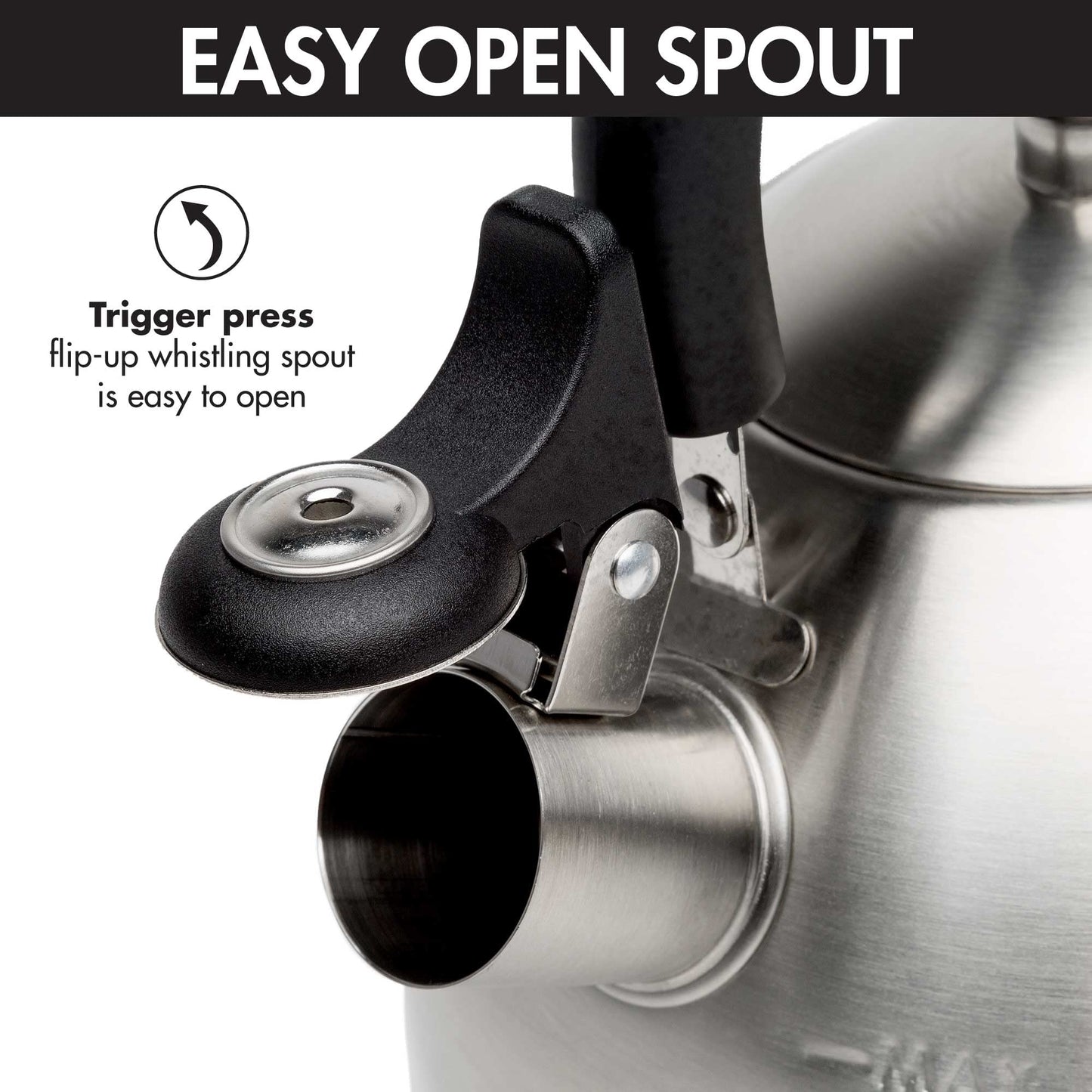 Primula Stewart 1.5-Qt Whistling Tea Kettle – Food-Grade Stainless Steel, Fast Boil, Cool-Touch Folding Handle, Brushed Finish with Black Handle