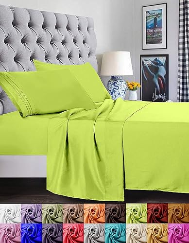 Elegant Comfort 1500 Premier Luxury Hotel Quality Super Soft Wrinkle Free and Fade Resistant 4-Piece Bed Sheet Set, Full, Lime-Neon Green