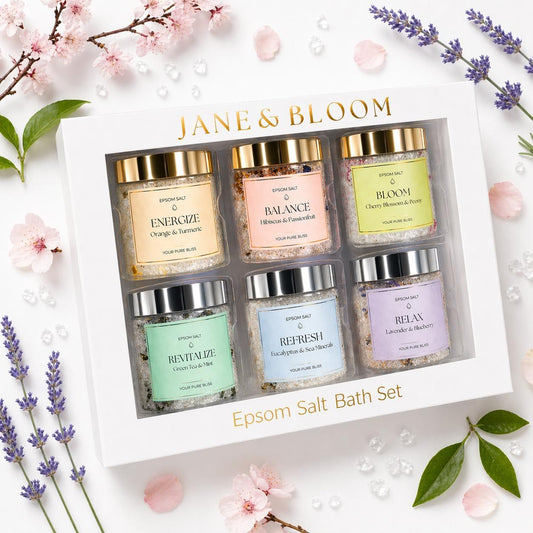Epsom Salt Bath Gift Set - 6 Aromatherapy Blends with Essential Oils - Bath & Body Gift Set for Women, Stress Relief, Self Care, Birthday Gifts - Jane Beauty and Personal Care Jane & Bloom