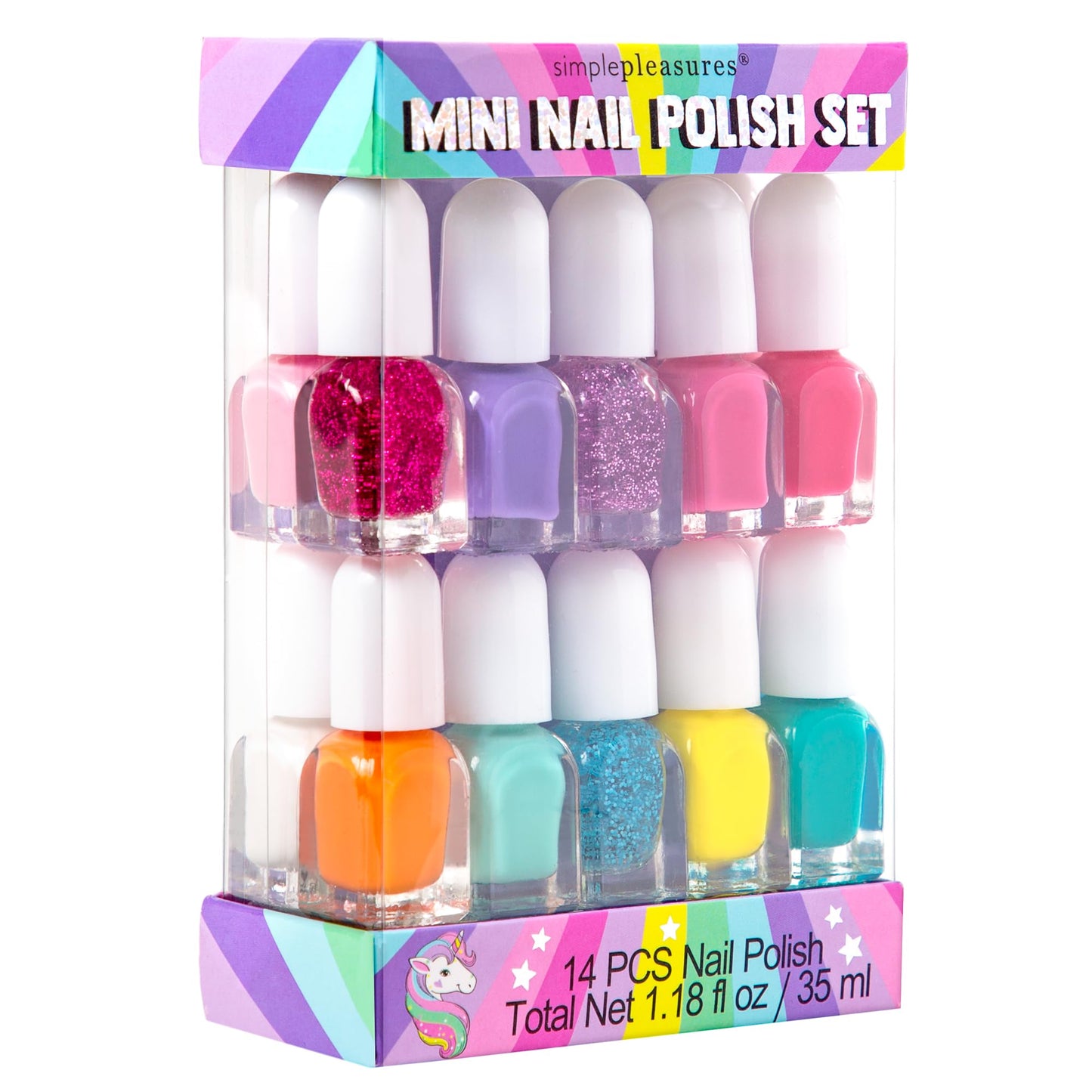 SIMPLE PLEASURES Rainbow Glitter Kids Nail Polish Set for Girls - 14 Water-Based Non -Toxic Nail Art Kit - Gift Set for Ages 7-12
