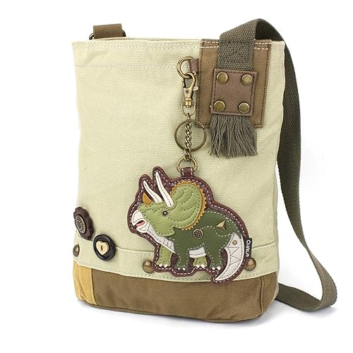 CHALA Womens' Canvas Patch Crossbody Handbag with Keyfob- Sand (Triceratops - Sand)
