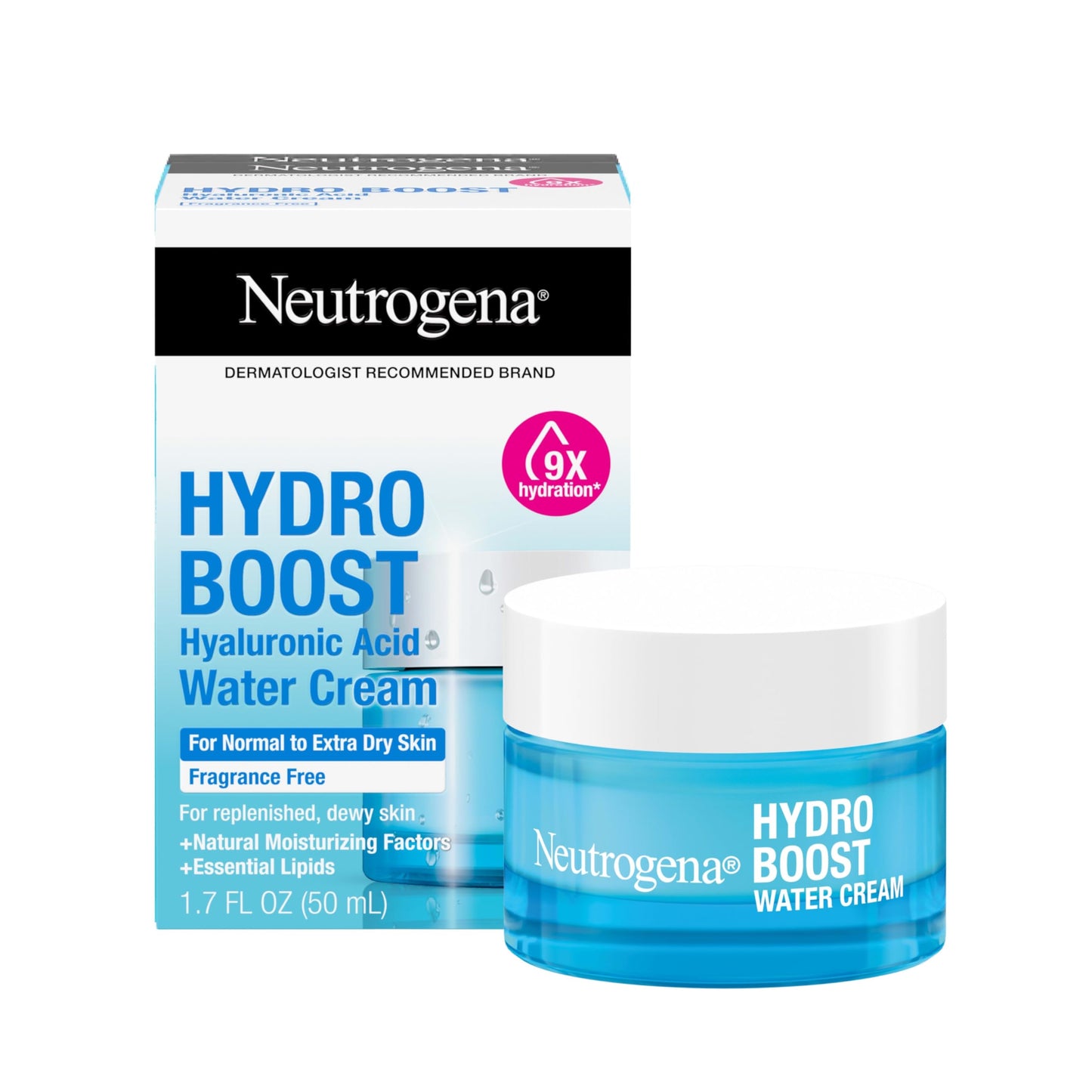 Neutrogena Hydro Boost Water Cream, 72 Hr Hydration for Normal/Extra Dry Skin, Fragrance Free, Face Moisturizer with Hyaluronic Acid, 1.7 oz. & Trial