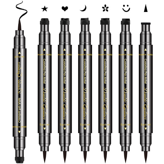 Erinde 6PCS Double-headed Eyeliner Stamp Pen Set, Black Stencil, Winged Eyeliner Tattoo Tool, Star Moon Heart Eye Makeup
