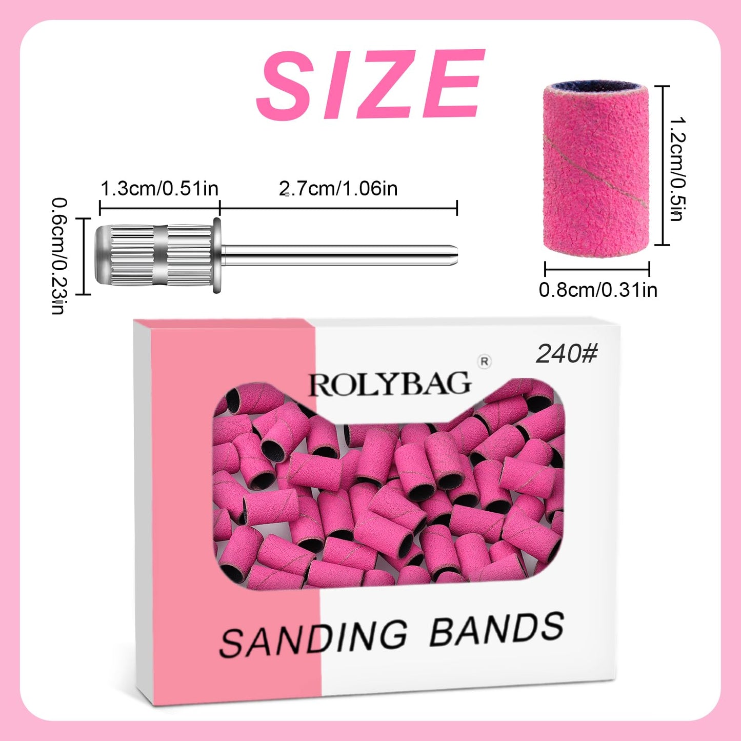 Rolybag Sanding Bands for Nail Drill, 240 Grit Sanding Bands Include 100 Fine Grit Sanding Band and 2 Pcs Mandrel Bit for 3/32" Nail Drill Machine