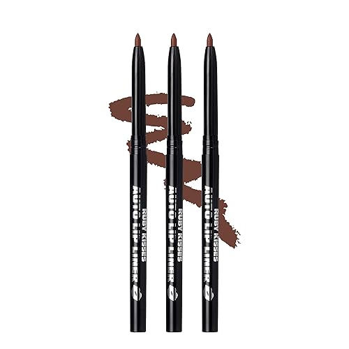 Ruby Kisses Auto Lip Liner Pencil (Brown 3 Pack), Long Lasting & Non-Fading, Smooth Application, Non-Feathering with Rich Pigmented Color, No