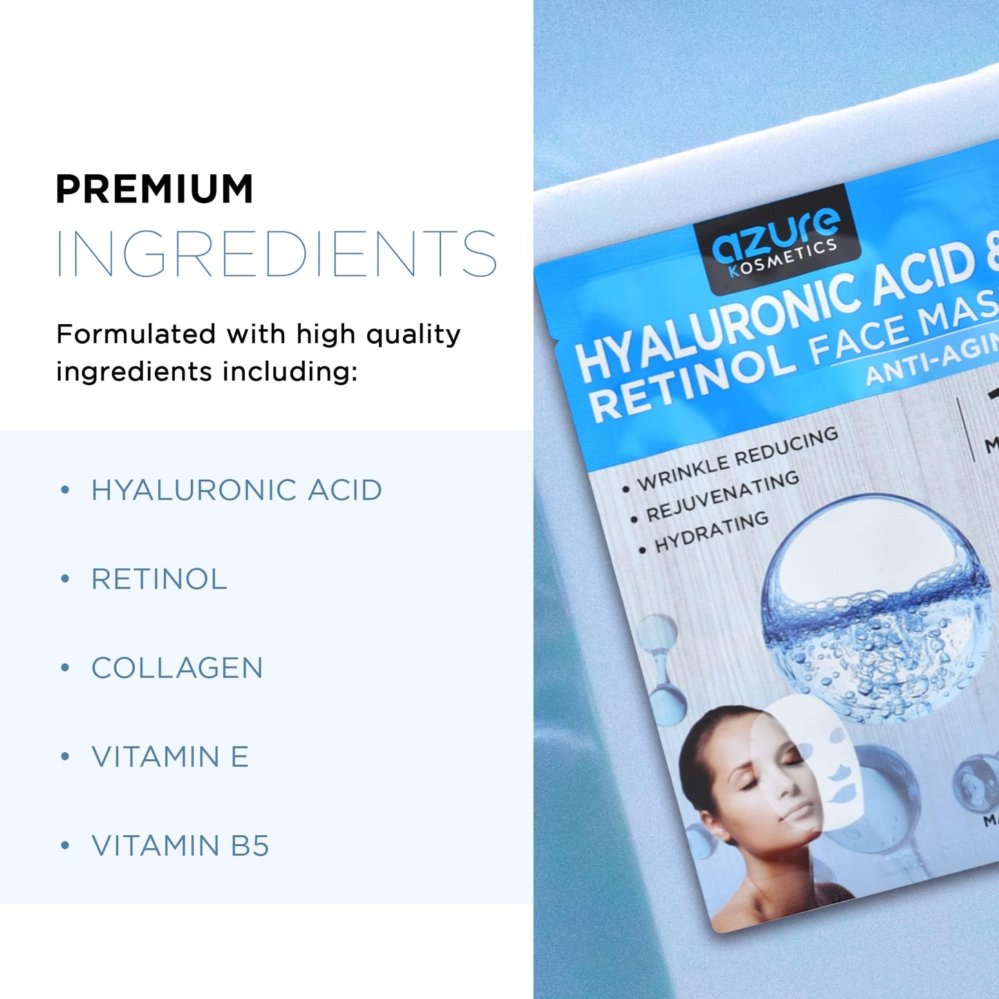 Azure Cosmetics Hyaluronic Acid & Retinol Anti Aging Face Mask - Dermatologist Tested - Rejuvenating & Hydrating - Helps Reduce Fine Lines
