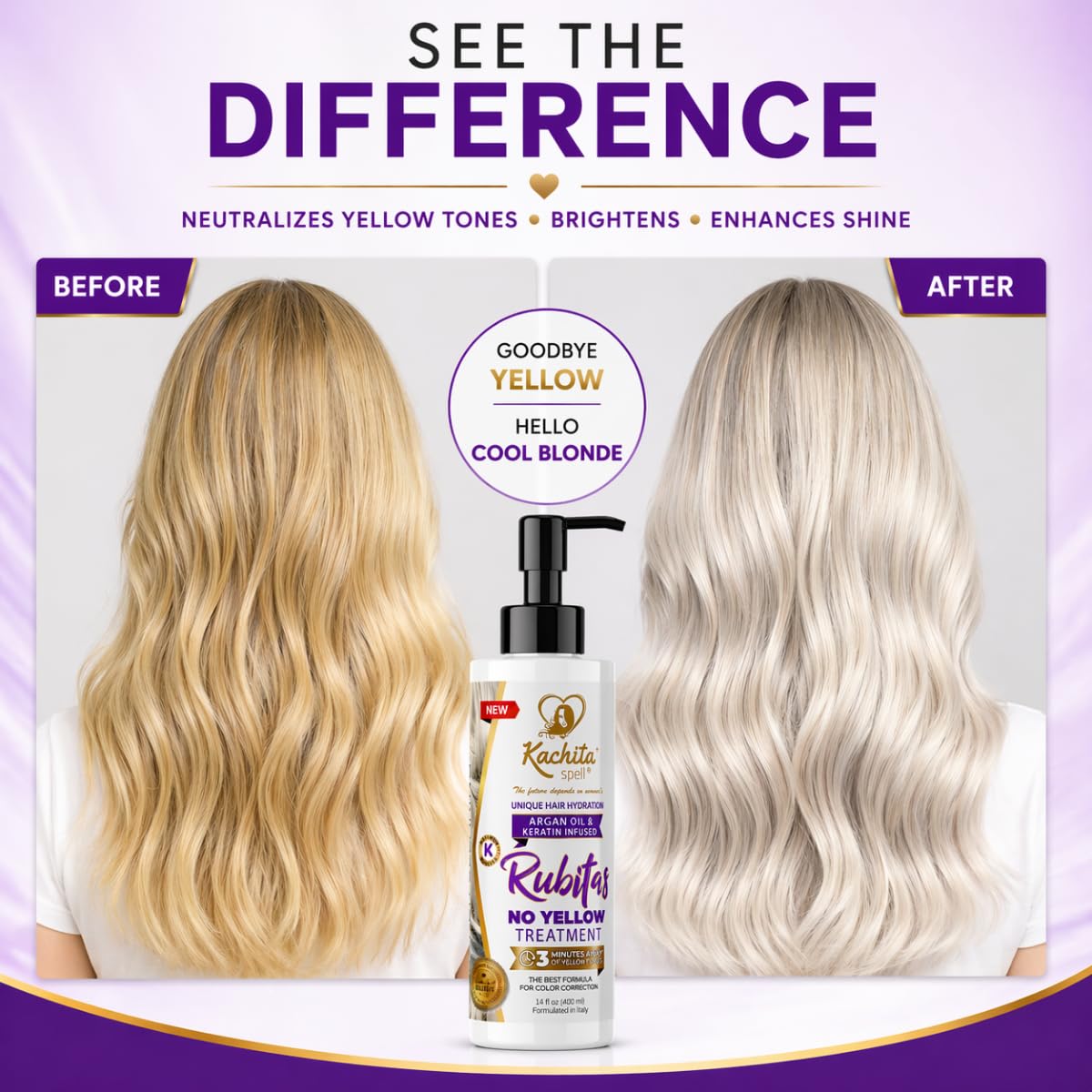 Kachita Spell Purple Toning Shampoo ConditionerTreatment Balance No Yellow Tone Correcting, Blonde Gray Hair, Eliminates Brassy and Yellow 350ml Made
