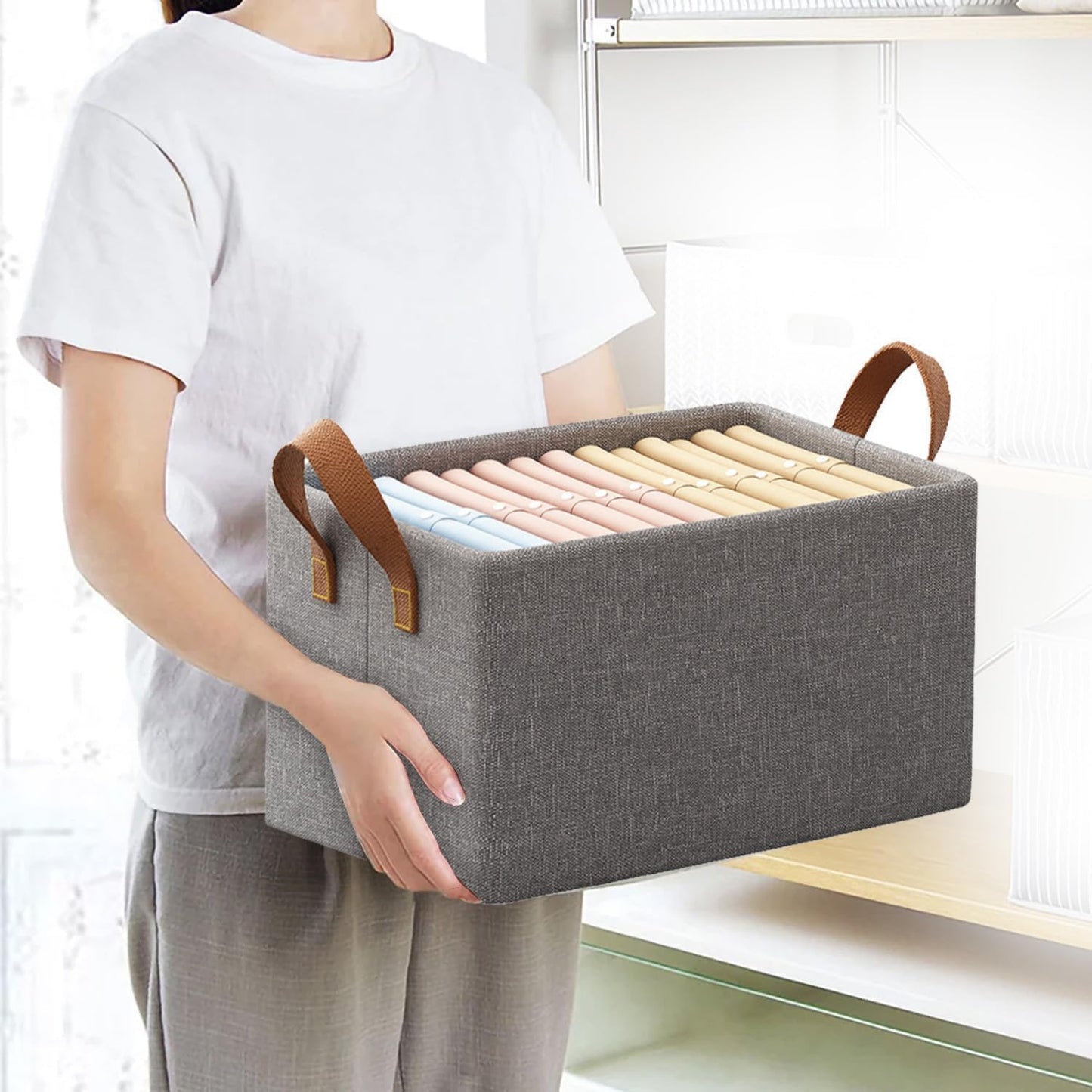 Stomaroy collapsible Fabric Storage Cubes Organizer with Handles, Rectangle Storage Baskets for Clothing Fabric Storage Box with Handles Shelf Basket…