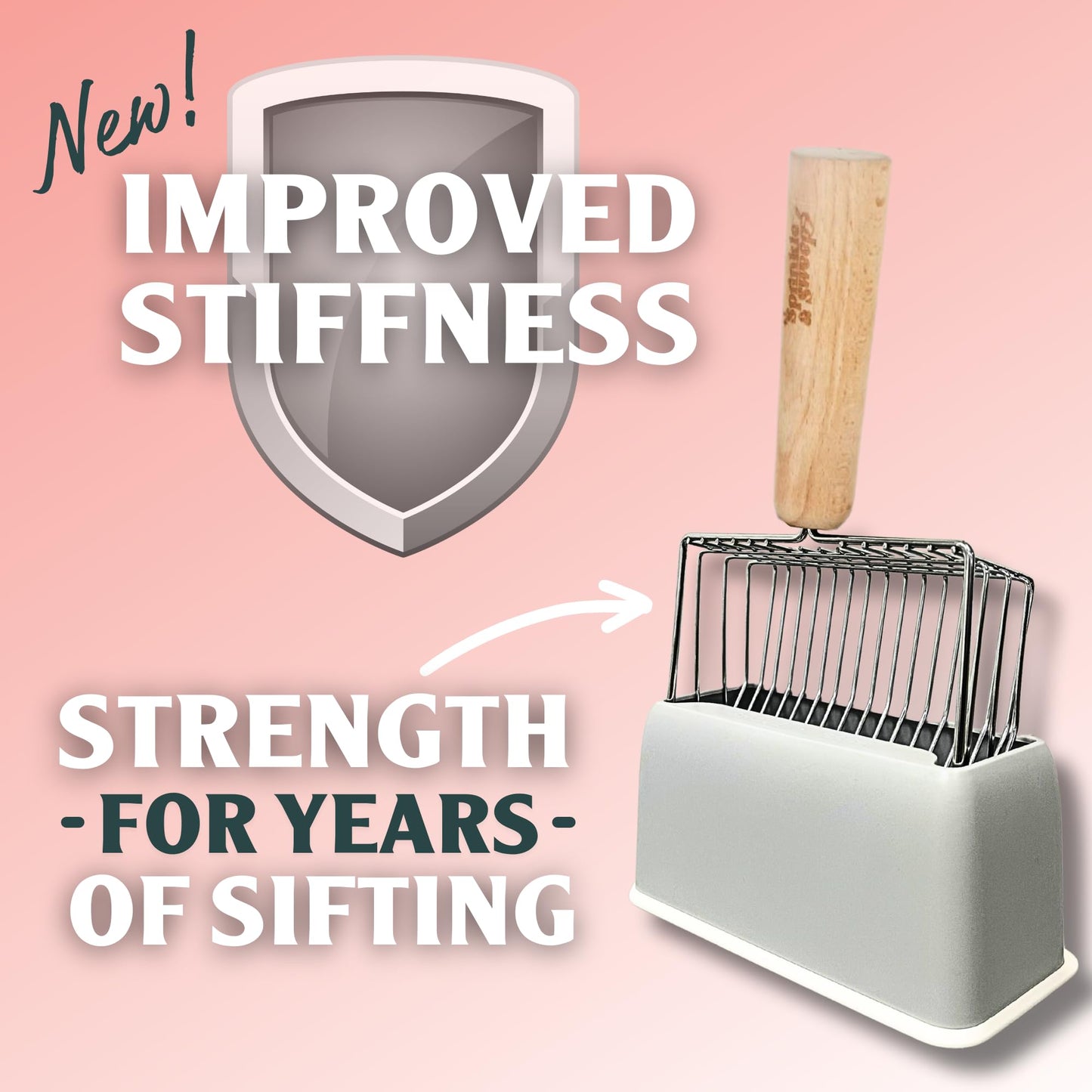 Sprinkle & Sweep Metal Cat Litter Scoop – Heavy Duty Sifter with Beech Wood Grip & Stand, Washable for Fast & Easy Litter Cleaning