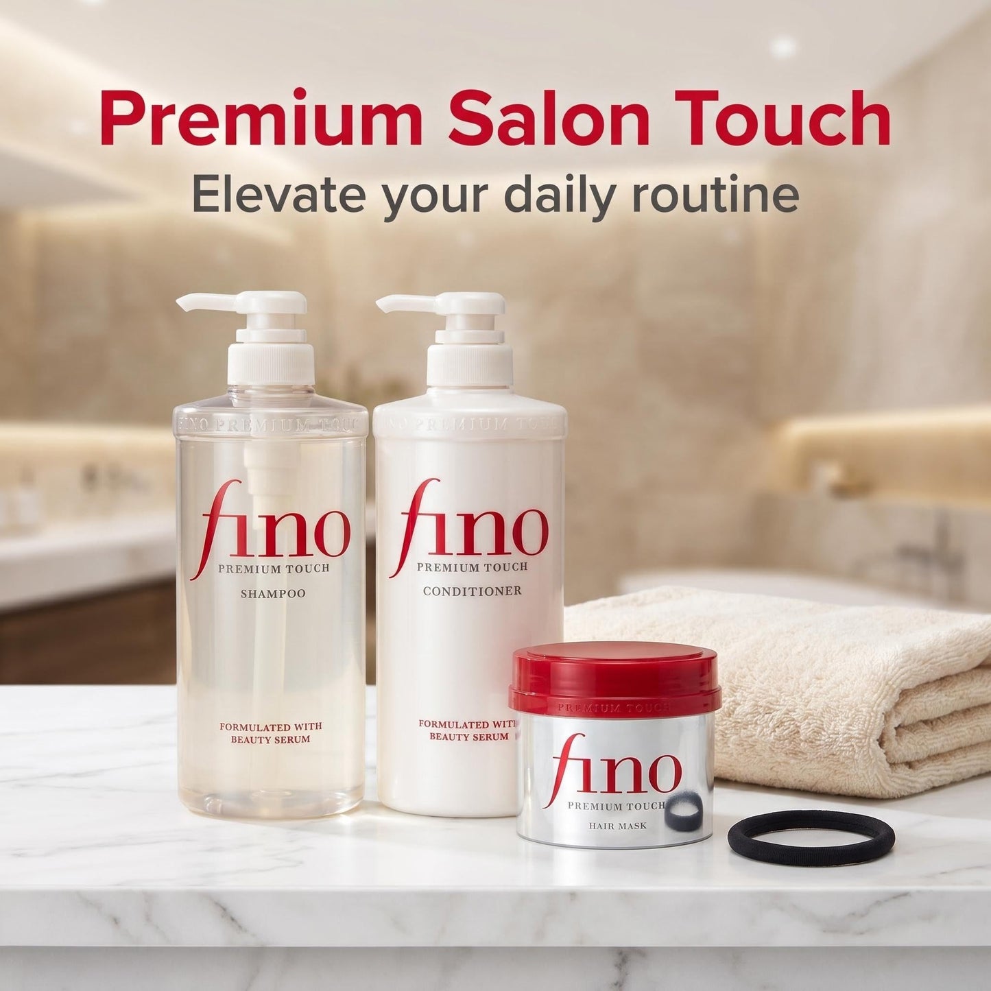 TJ SIGNATURE Fino Premium Touch Hair Care Set - Shampoo (550ml), Conditioner (550ml) & Mask (230g) - 4-Piece J-Beauty System for Dry Damaged Hair