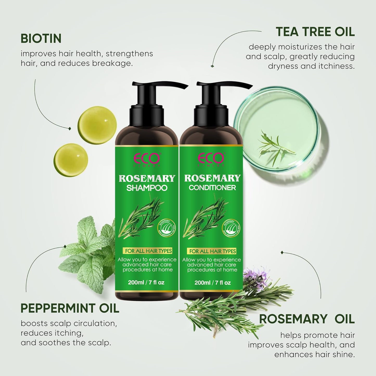 Rosemary Hair Growth Shampoo & Conditioner Set: Infused with Tea Tree Oil Mint Biotin - Cleanses and Helps Strengthen Weak and Brittle Hair - Promotes