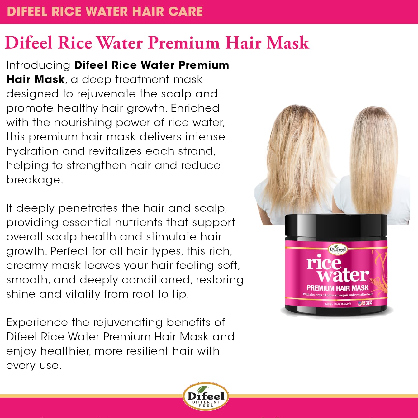 Difeel Premium Rice Water Hair Mask 12 oz. - Deep Repair Mask for Dry, Damaged Hair