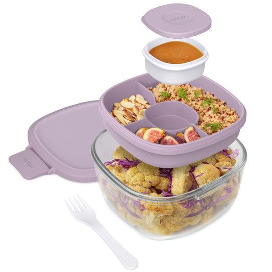 Bentgo Glass All-in-One Salad Container - Large 61-oz Salad Bowl with Lid, 4-Compartment Bento-Style Tray, 3-oz Sauce Container, and Reusable Fork…