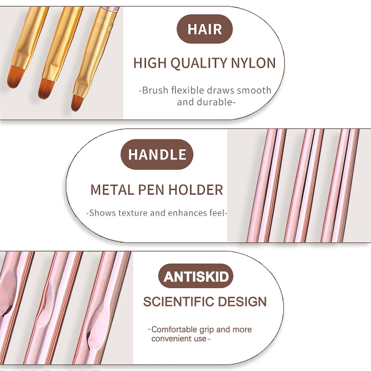 SILPECWEE 3 Pcs Oval Nail Brush Set - Rose Gold, Acrylic Nail Art Brushes Manicure Painting Pen Design Tool Professional Remover Polish Nail Clean Up
