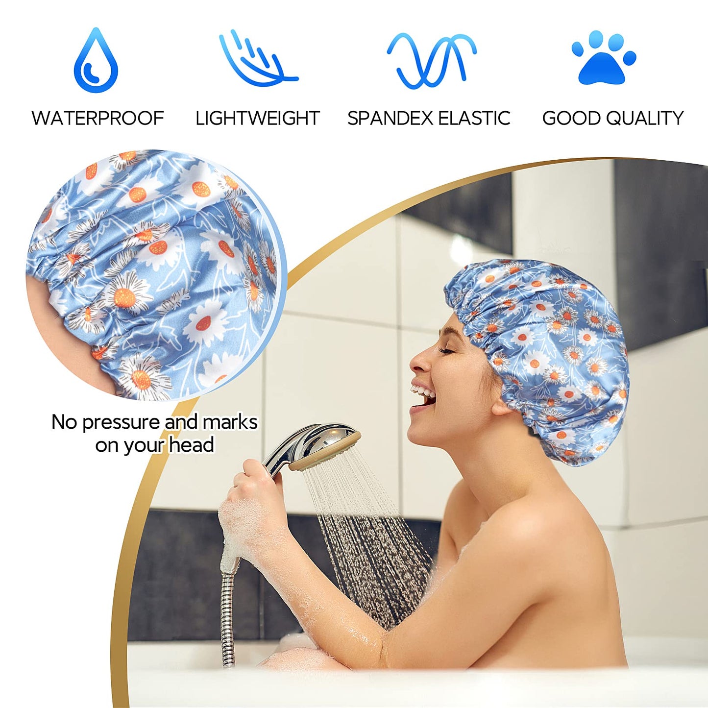 Reusable Shower Cap, Hair Cap, Oversized Waterproof Shower Caps Large Designed for all Hair Lengths with PEVA Lining & Elastic Band Stretch Shower Hat