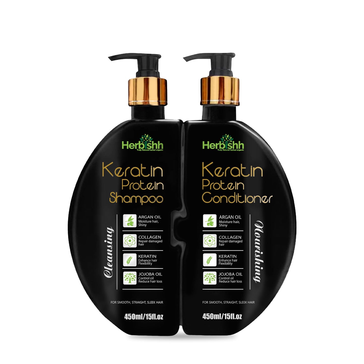 Herbishh Keratin Shampoo and Conditioner Set Anti Frizz (15 fl.oz Each) Sulfate and Paraben Free Shampoo and Conditioner Hydrating & Nourishing