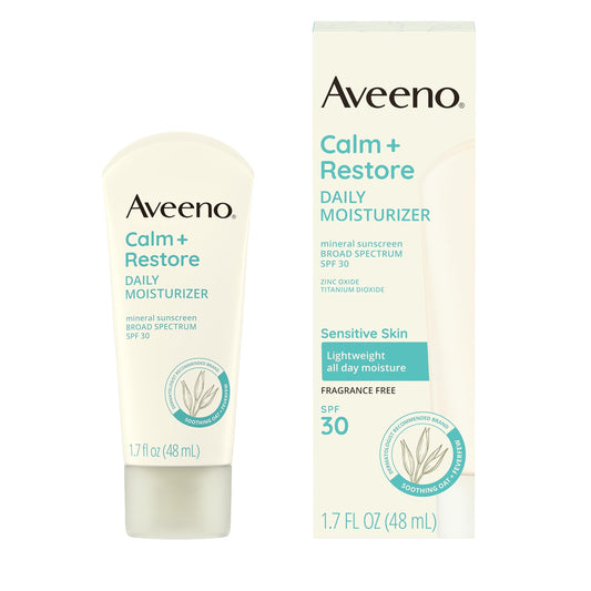 Aveeno Calm + Restore Daily Moisturizer Mineral Sunscreen with Broad Spectrum SPF 30, Lightweight All Day Moisture + UVA/UVB Sun Protection