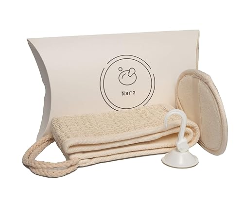 Nara Loofah (lufa) Sponge Set : one face Sponge, one Back and Body Scrubber and a Suction Clip. Sponges to exfoliate Your Body and face.