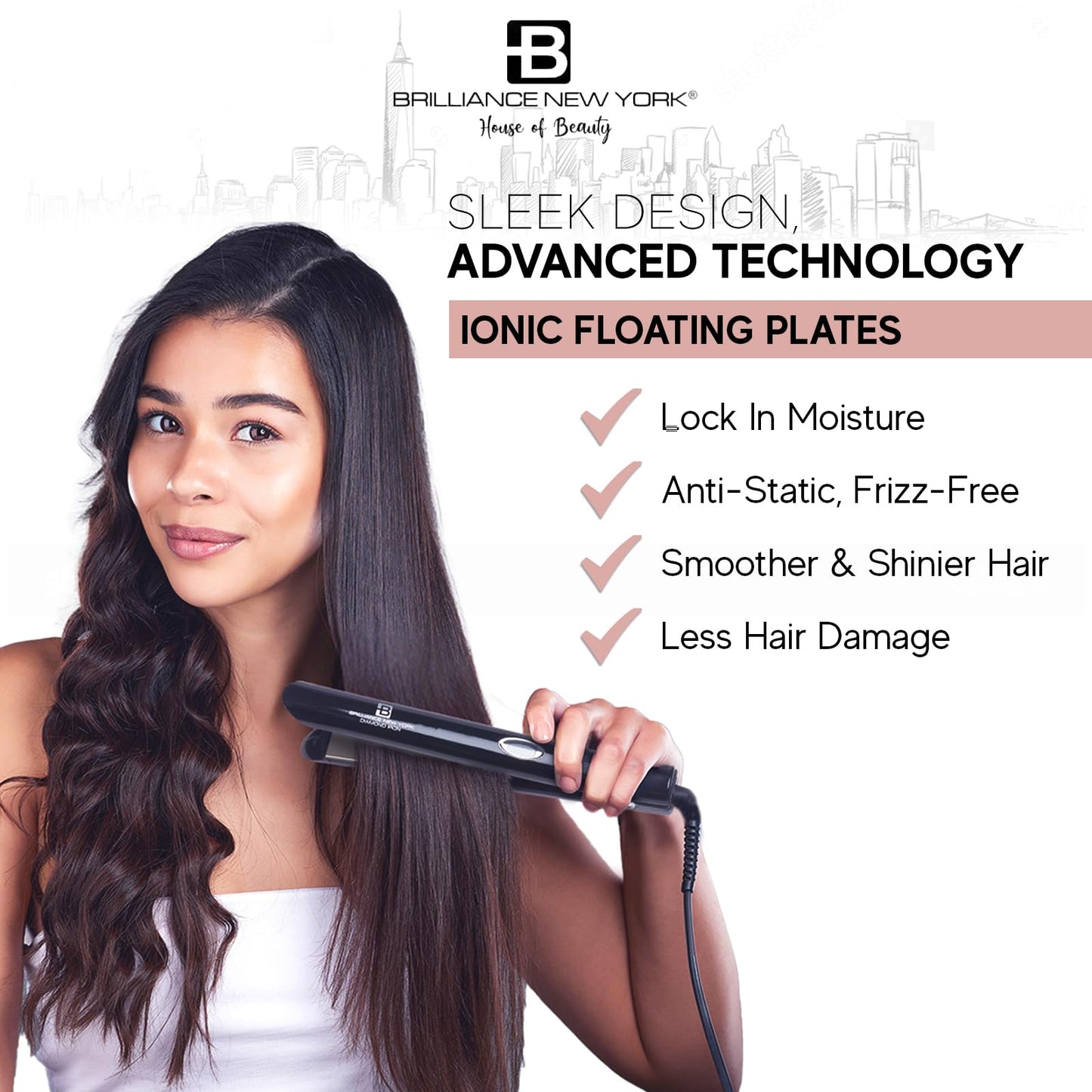 Brilliance New York - 1 Inch Diamond Titanium Flat Iron - 2 in 1 Hair Straightener and Curler - Anti-Static, Frizz-Free Ionic Plates - Auto Shut-Off