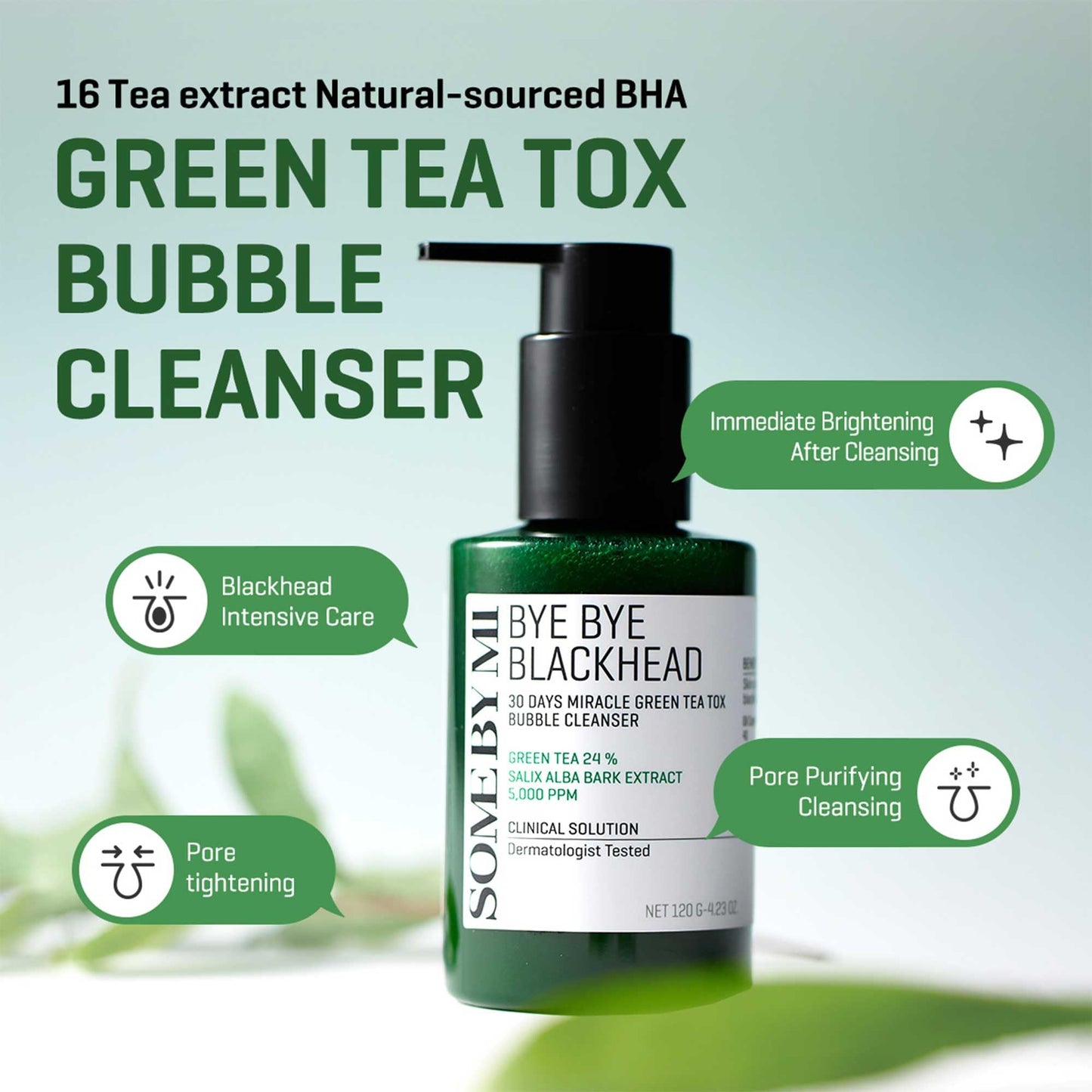 SOME BY MI Bye Bye Blackhead 30 Days Miracle Green Tea Tox Bubble Cleanser - 4.23oz, 120g - Korean Face Wash & Bubble Face Mask - Daily