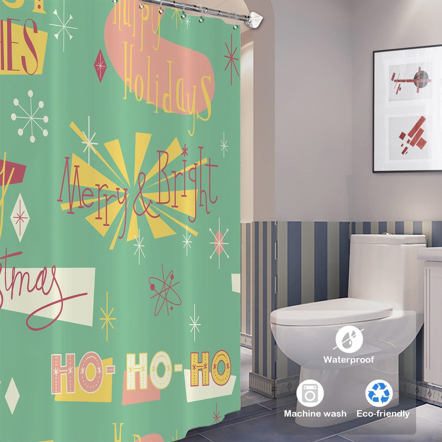 Batmerry Retro Christmas Modern Decorative Shower Curtain, Trees Gold Glitter Boho Cute Long Wide with Rust Proof Grommets for Bathroom Waterproof…