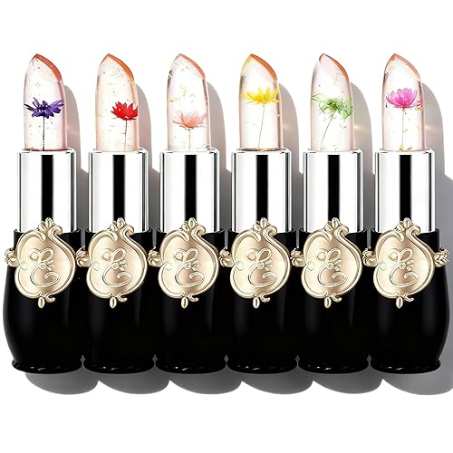 firstfly Pack of 6 Crystal Flower Jelly Lipstick, Long Lasting Nutritious Lip Balm Lips Moisturizer Magic Temperature Color Change Lip Gloss (Black)