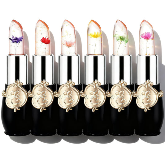 firstfly Pack of 6 Crystal Flower Jelly Lipstick, Long Lasting Nutritious Lip Balm Lips Moisturizer Magic Temperature Color Change Lip Gloss (Black)
