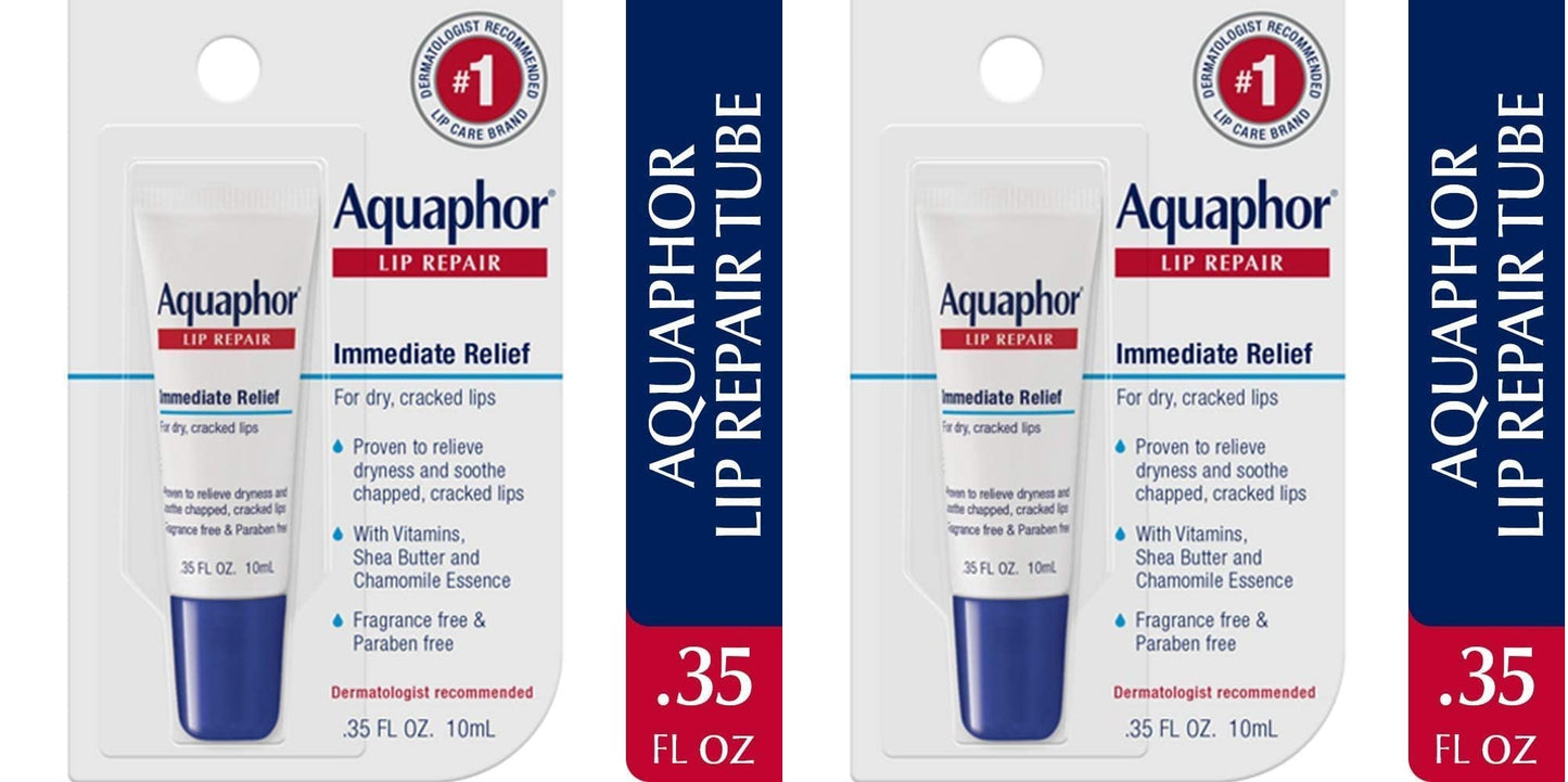 Aquaphor Lip Repair Ointment - Long-lasting Moisture to Soothe Dry Chapped Lips - .35 fl. oz. Tube (Pack of 2)