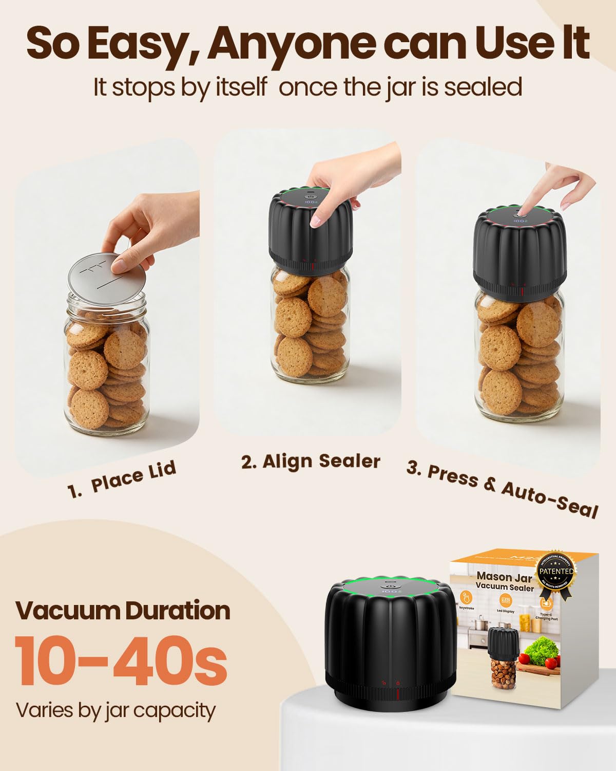 Snuuoby 2026 Upgrade Electric Mason Jar Vacuum Sealer Kit - with Wide and Regular Mouth Mason Lids -80kpa Automatic Vacuum Pump 2500mAh Battery One…