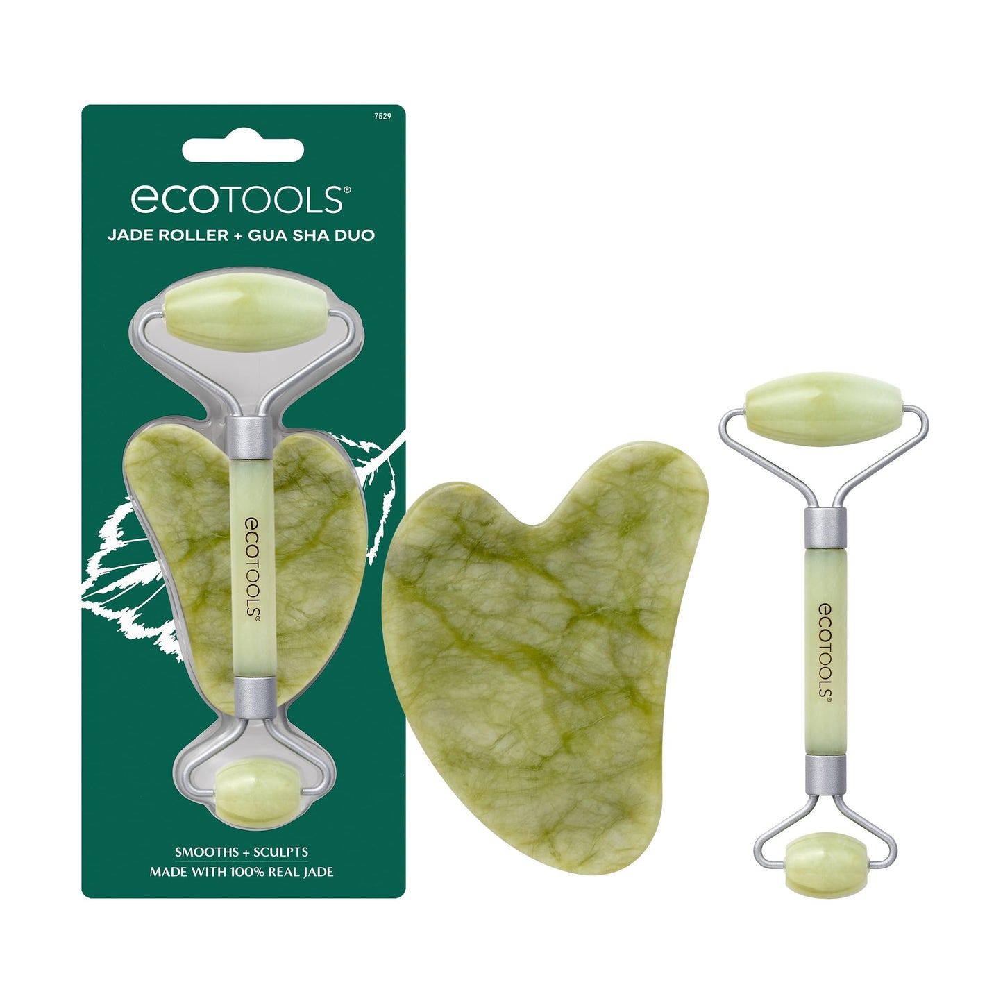 EcoTools Beauty Skin Care Tool Jade Facial Roller and Gua Sha Stone Duo, Face Roller and Massager, Skincare and Sculpting Tools, Green, Promotes