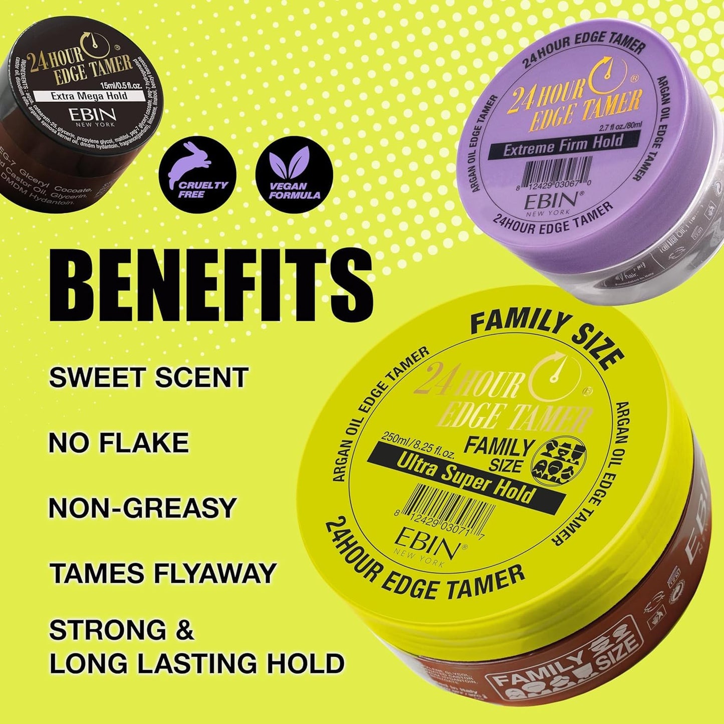 EBIN NEW YORK 24 Hour Edge Tamer Ultra Super Hold 6.34 fl.oz/180ml No Flaking, Smooth Shine, Argan & Castor Oil, Strong Edge Control Gel, Edge gel
