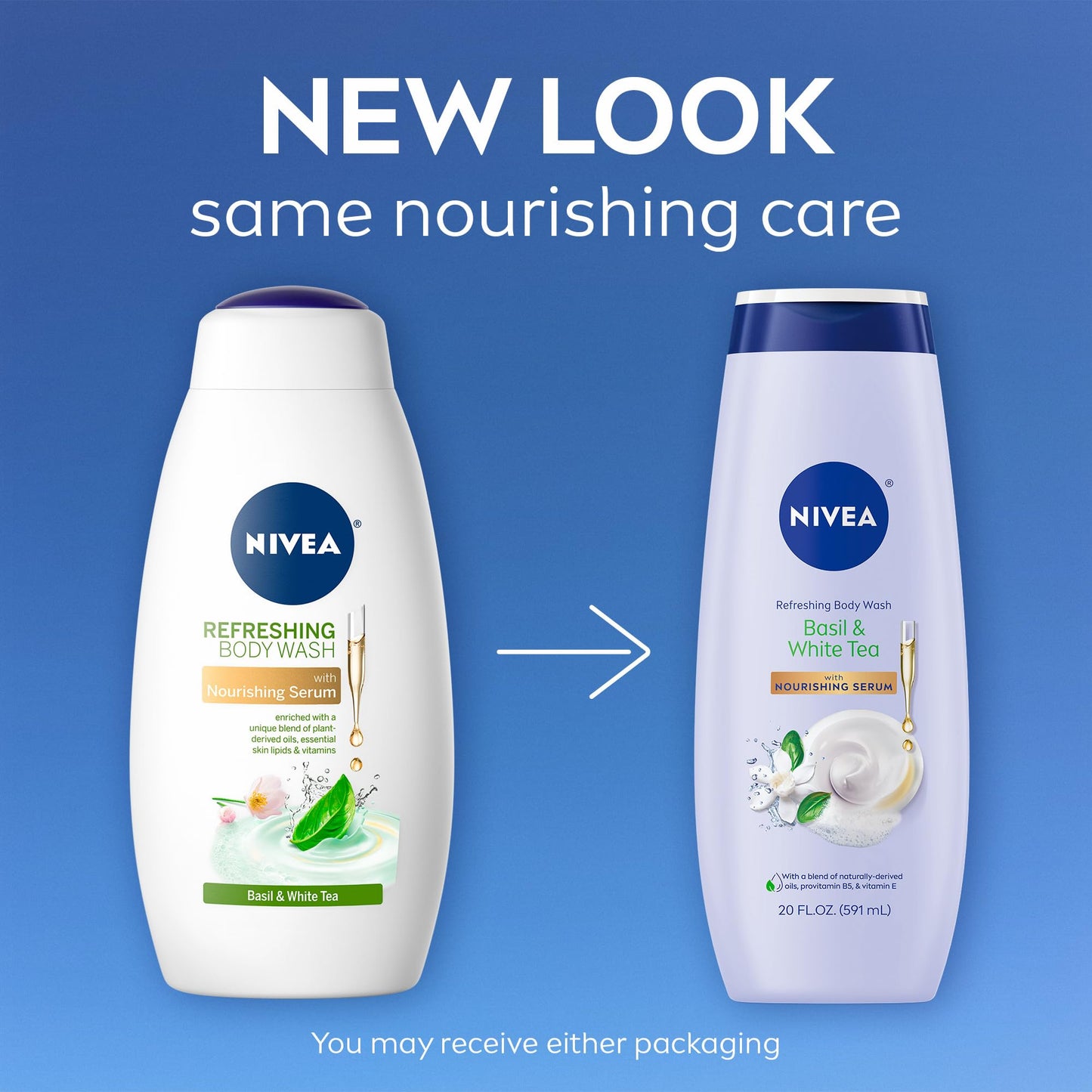NIVEA Refreshing Basil and White Tea Body Wash with Nourishing Serum, Scented Body Wash for Women, Enriched with Provitamin B5 and Vitamin E, 20 Fl Oz