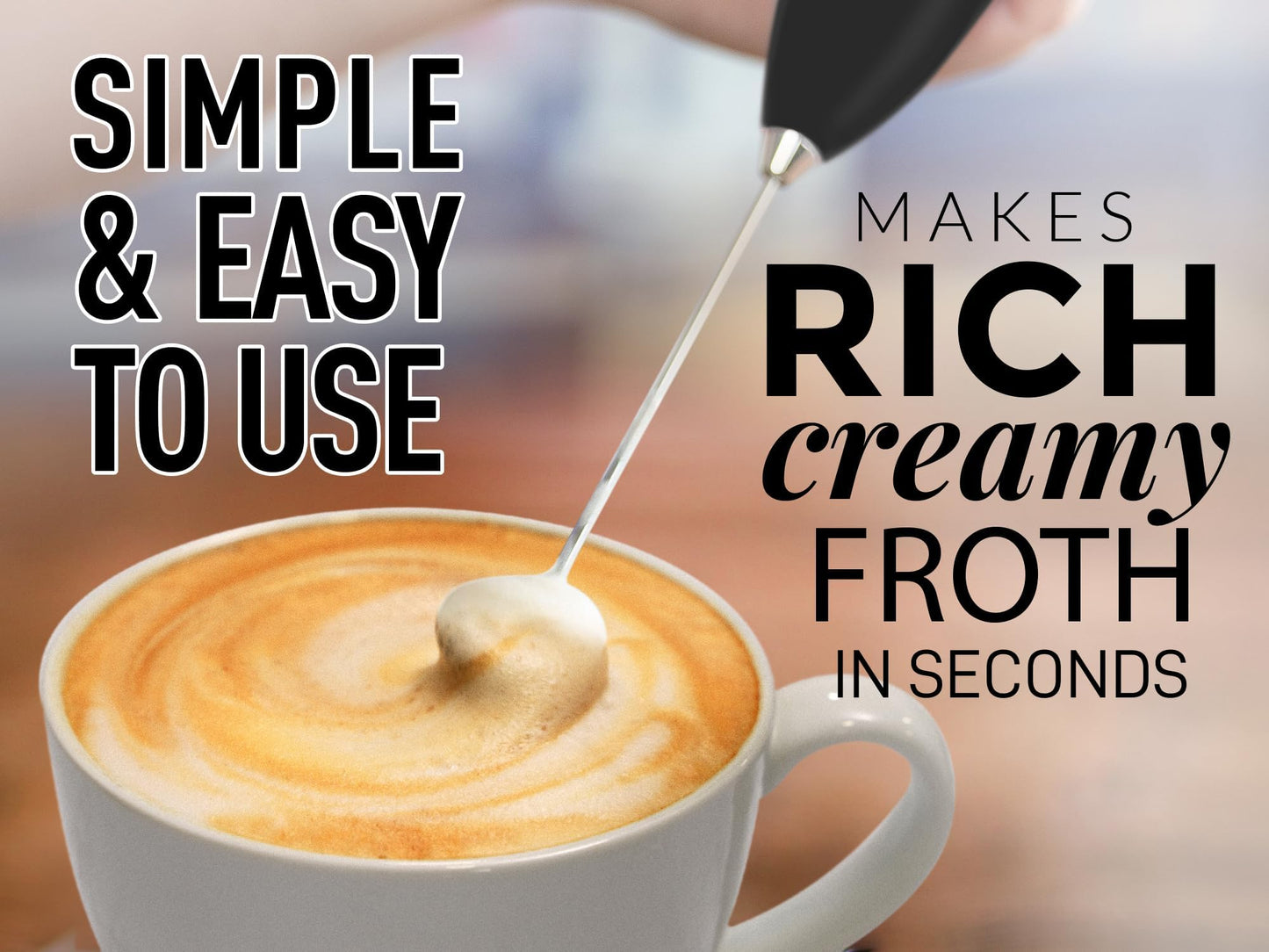 Zulay Kitchen Handheld Milk Frother Wand – Electric Drink Mixer with AA Batteries, Easy-Clean Whisk for Coffee, Lattes & Cappuccino, Black