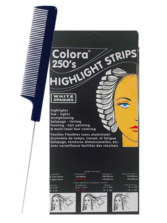 Colora Highlight Strips 4x7 Inch Medium (250 Strips) + M Hair Designs Pin Tail Comb - Hair Foil Alternative for Professional Salon & DIY Hair Beauty & Personal Care M Hair Designs