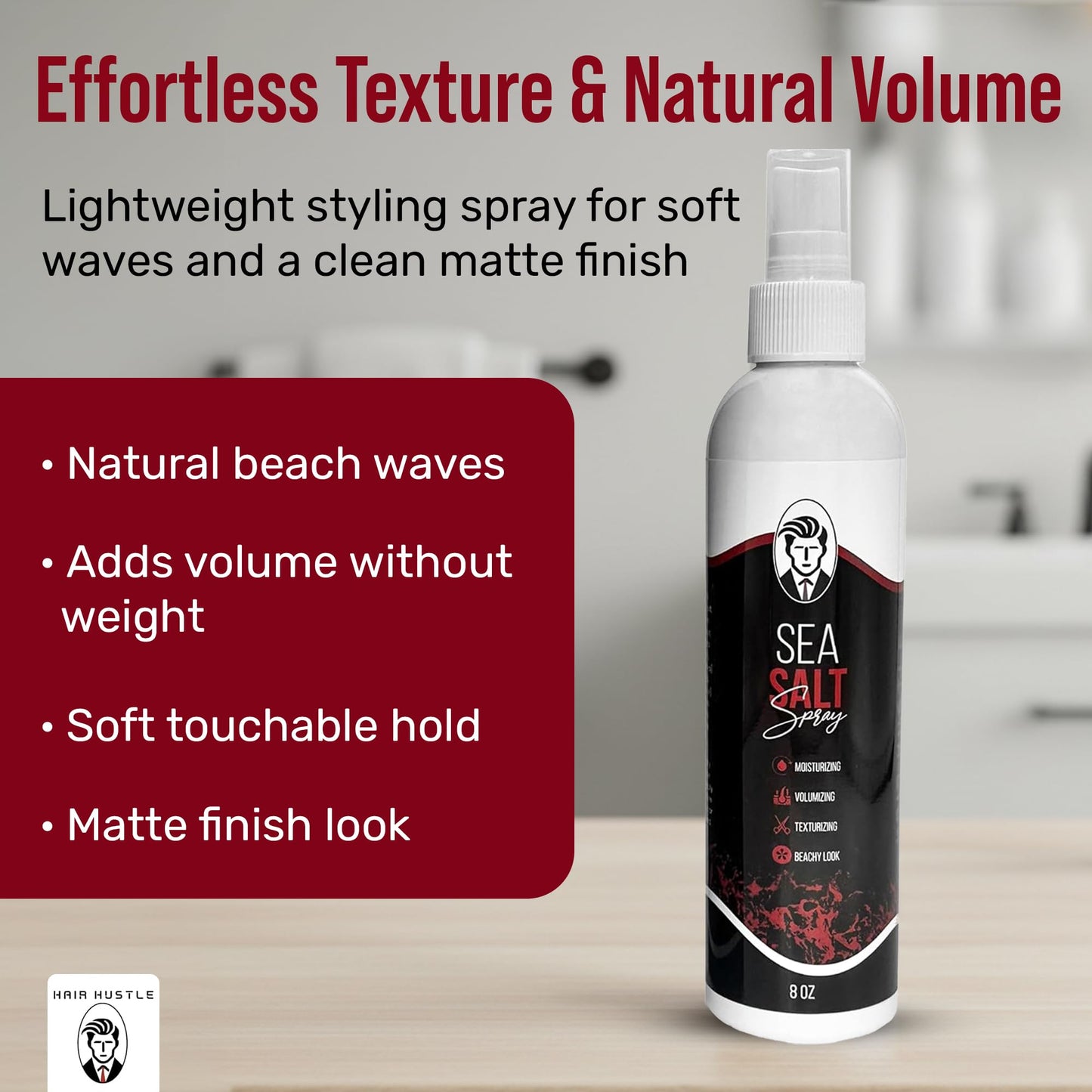 Hair Hustle Natural Sea Salt Spray for Hair - Texturizing & Volumizing Spray for Men and Women - Matte Finish, Beachy Waves, Lightweight Hold - Ocean