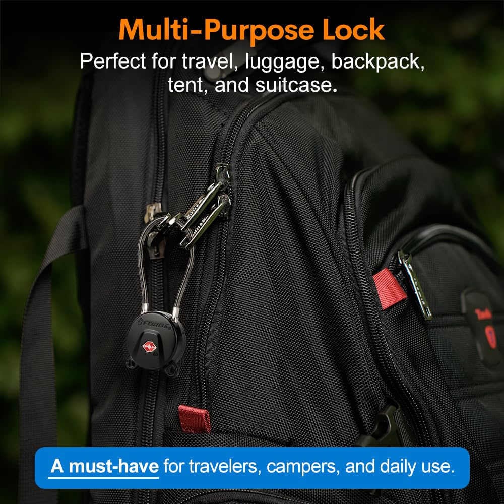 Forge TSA Approved Luggage Locks – Ultra Secure TSA006 Dimple Key Travel Padlocks with Zinc Alloy Body, 2 Pack Cable Locks (Black)
