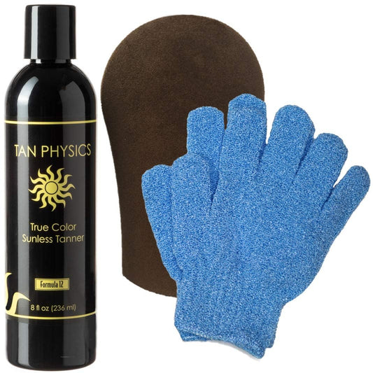 Tan Physics Sunless Tanner 8oz with Tanning Mitt & Exfoliation Gloves - Self Tanning Lotion for Face & Body - Instant, Streak-Free Application for a