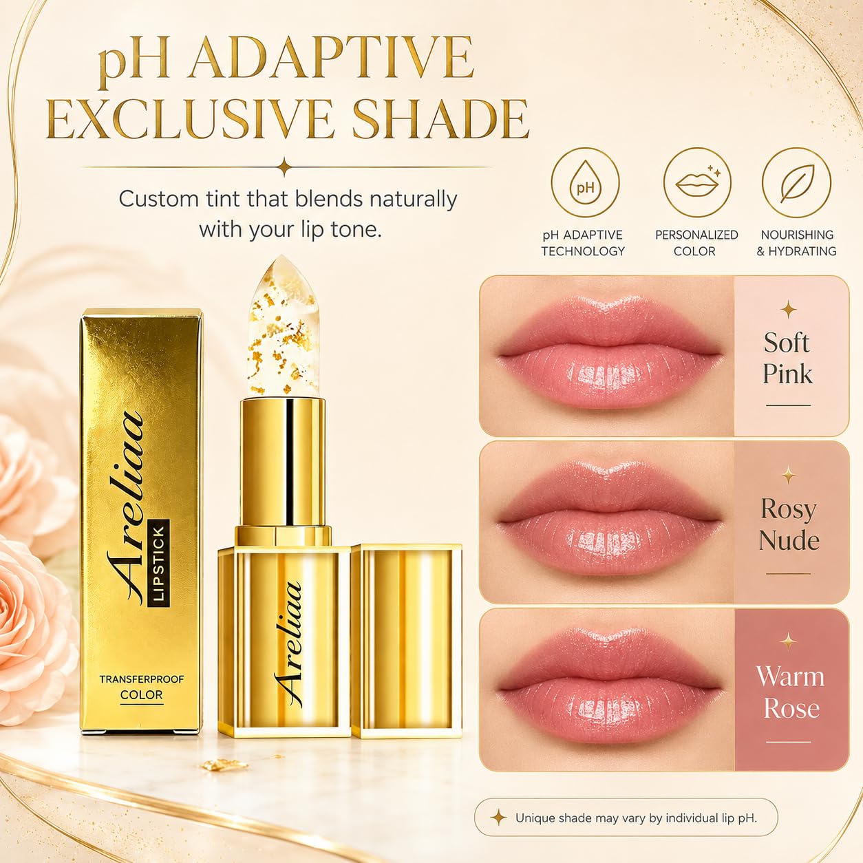 Areliaa Lipstick for Older Women, Skin-Adaptive Lipstick - The Lipsticks That Adapts to You, Long Lasting Moisturizing, PH Lipsticks Color Changing,
