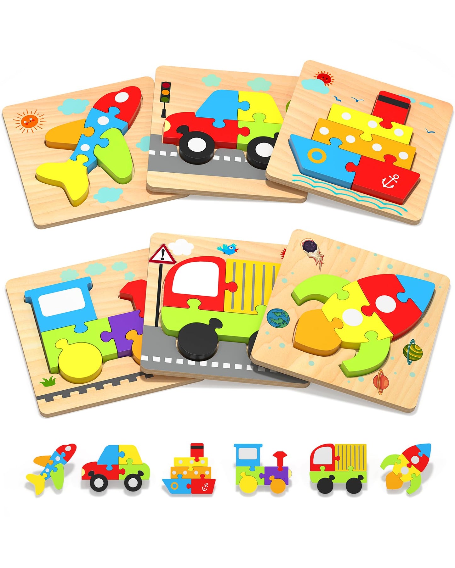 Yetonamr Wooden Toddler Puzzles – 6 Vehicle Shape Montessori Educational Toys for Boys & Girls Ages 1–4, Learning & Birthday Gift