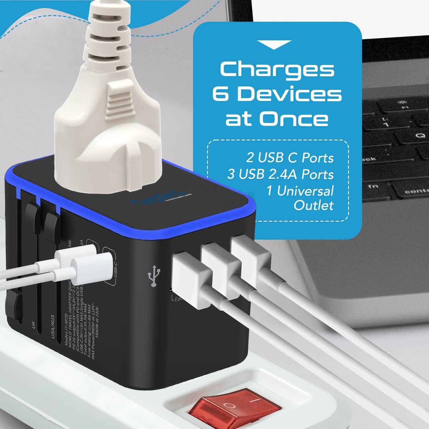 Ceptics 35W Universal Travel Adapter – PD & QC 3.0, Dual USB-C, 3 USB Ports, Worldwide Plug for EU/US/UK/AU – Model 11-KU