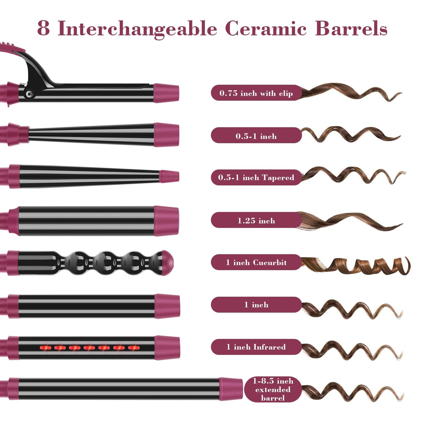 IG INGLAM Curling Iron Wand Set, 8 in-1 Interchangeable Ceramic Barrels with Infrared, Cucurbit, Tapered, Extended, 1in, 1 1/4 in, 3/4in Barrels