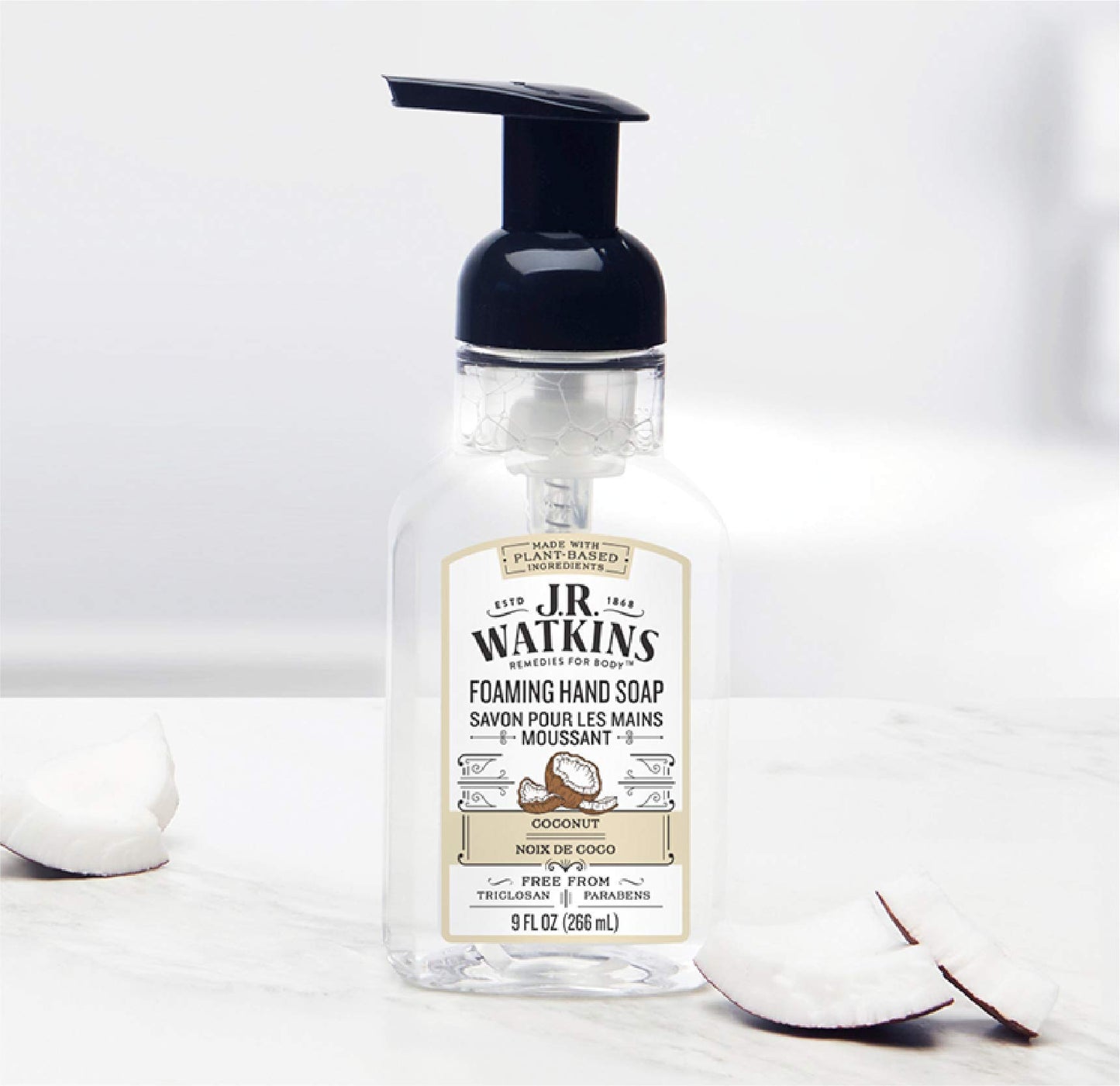 J.R. Watkins Foaming Hand Soap For Bathroom or Kitchen, Scented, Cruelty Free, 9 Fl Oz, Coconut, 3 Pack