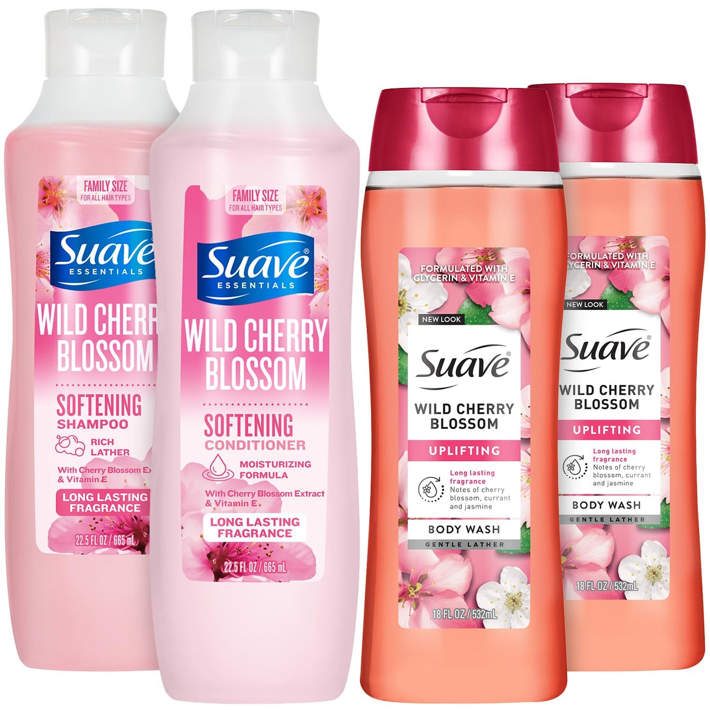 Suave Body Wash 2-Pack + Nourishing Shampoo & Conditioner, Wild Cherry Blossom - Gentle Body Care & Hair Care Set with Vitamin E, Cruelty Free (4