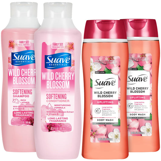 Suave Body Wash 2-Pack + Nourishing Shampoo & Conditioner, Wild Cherry Blossom - Gentle Body Care & Hair Care Set with Vitamin E, Cruelty Free (4