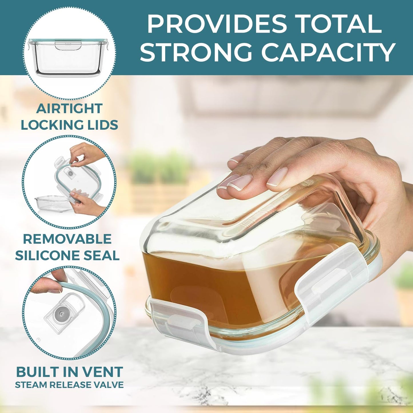 Razab 24 Pc Airtight Glass Food Storage Containers - Glass Meal Prep Containers - Freezer to Oven Safe - Steam Release Valve BPA Free - Airtight…