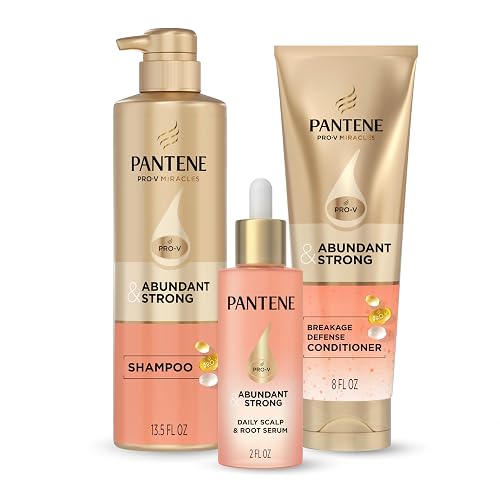 Pantene Abundant & Strong 3-Piece Regimen with B5 Complex + Niacinamide, Shampoo (13.5 oz), Conditioner (8 oz), Serum (2 oz) for Hair Loss, Thinning