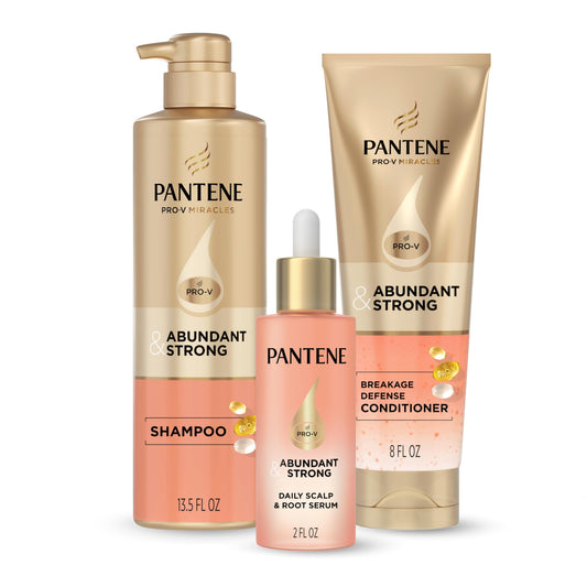 Pantene Abundant & Strong 3-Piece Regimen with B5 Complex + Niacinamide, Shampoo (13.5 oz), Conditioner (8 oz), Serum (2 oz) for Hair Loss, Thinning